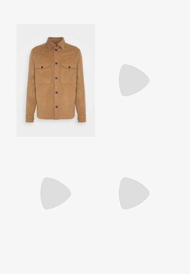 Brown wool-blend shirt jacket with a pointed collar, black buttons, two chest pockets, and a straight cut. Soft texture, minimalistic design.; Navy blue cotton T-shirt with short sleeves, round neck, and a small white logo on the left chest. Soft texture and relaxed fit.; Linen pants in a light beige color, featuring a loose fit, elastic waistband with drawstring, and side pockets for convenience.; Low-top beige sneaker with laces, light pink suede strip, perforated side details, white ridged sole, and dark green heel tab.