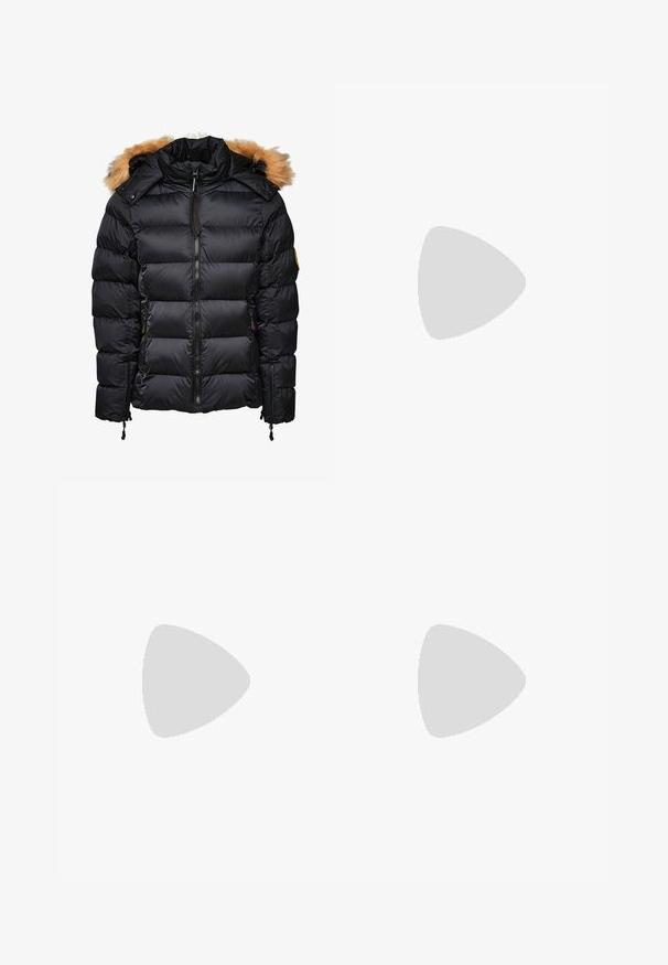 Black puffer jacket with a detachable fur-trimmed hood, quilted design, and zippered front, featuring side pockets and drawstring adjustments.; White ribbed tank top featuring a round neckline, sleeveless design, and a cropped length. Label reads "JJXX." Smooth fabric texture.; Black, wide-leg pants with an elastic waistband, made from smooth fabric. Features a clean design with no pockets or visible stitching details.; White leather sneaker with a burgundy 'V' logo, textured rubber sole, and navy accent on the heel; features classic lace-up design.