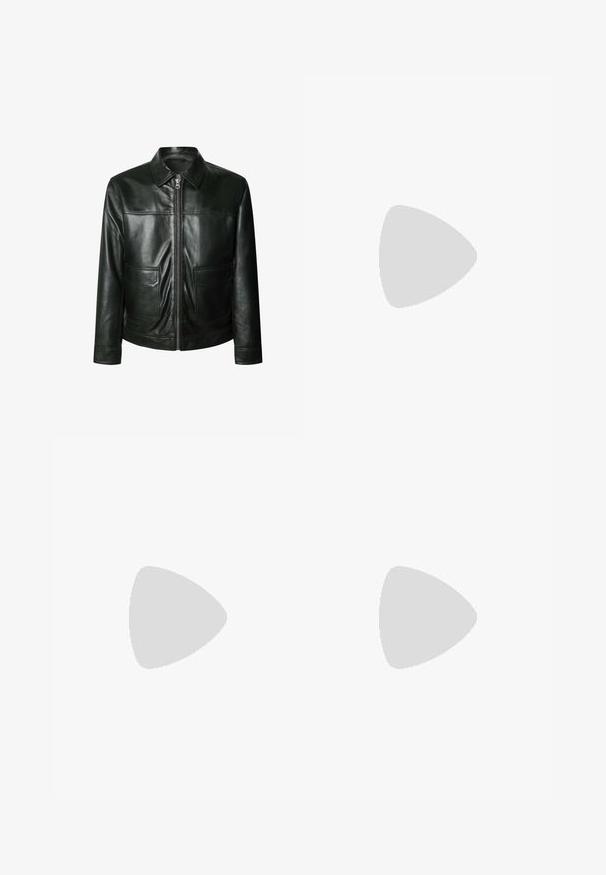 Čierna kožená bunda s uzáverom na zips, dvoma prednými vreckami a tvarovaným golierom. Hladká textúra s viditeľnými švovými detailmi.; Béžový, ribovaný pletený sveter s výstrihom do V a dlhými rukávmi. Má voľný strih a textúrovanú tkaninu pre zvýšené teplo a pohodlie.; Pruhovaná košeľa s vertikálnymi svetlomodrými a bielymi pruhmi, s gombíkovým zapínaním vpredu a jednou vreckom na hrudi. Dlhé rukávy s gombíkovými manžetami.; Biely bavlnený tričko s okrúhlym výstrihom, krátkymi rukávmi a voľným strihom. Má značkovú etiketu s nápisom "WEEKDAY" na výstrihu.; Čierne skladané nohavice s rovnom, širokým strihom. Vyrobené z hladkého materiálu, s gombíkovým zapínaním a pútkami na opasok.; Čierne kožené mokasíny s hladkou textúrou, zaoblenou špičkou a dekoračným pásikom cez priehlavok. Nízky vrstvený opätok, minimalistický dizajn.