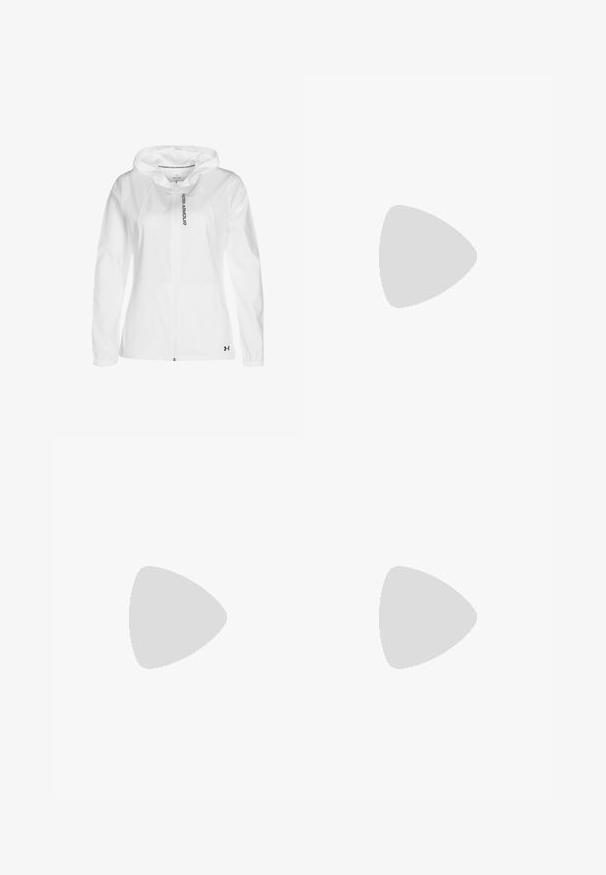 Felpa bianca con zip realizzata in materiale leggero, dotata di cappuccio, polsini elasticizzati e un dettaglio del logo nero sul lato sinistro in basso.; T-shirt bianca aderente con maniche corte, abbinata a pantaloni con elastico in vita di colore verde chiaro. Texture liscia, design minimalista e nessun motivo visibile.; Leggings aderenti di un vivace magenta, realizzati in un tessuto liscio e elastico. Presentano una vita alta e un design senza cuciture.; Scarpa sportiva bianca con tomaia in maglia strutturata, una suola intermedia bianca liscia e una suola in gomma con un modello sottile.