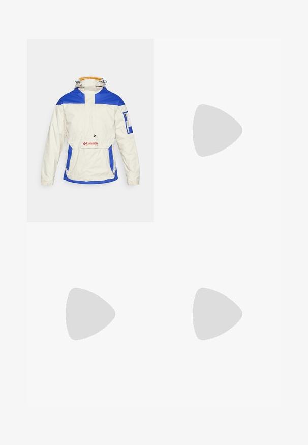 White anorak jacket featuring blue accents, a zippered pocket on the sleeve, and a logo on the front. Hooded with drawstring closure.; Beige cotton t-shirt with short sleeves, crew neck, and a small black logo on the left chest area. Smooth texture, casual design.; Patagonia QUANDARY PANTS - Outdoor trousers - classic tan; Black athletic shoes featuring a textured upper, thick cushioning, and a rugged sole. HOKA logo visible, with vibrant yellow accents.