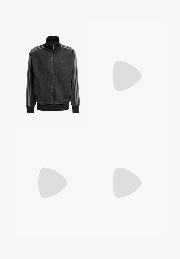 Black zip-up athletic jacket with high collar, grey three-stripe accents along sleeves, and ribbed cuffs and hem. Features subtle logo on chest.; Black cotton t-shirt with a crew neck and short sleeves, featuring a small white Adidas logo on the left chest area.; Grey denim jeans with a straight-leg design, five-pocket styling, metal button closure, and subtle fading texture throughout.; Black suede sneaker with yellow accents, featuring three stripes and a brown rubber sole. Includes a padded tongue for comfort.