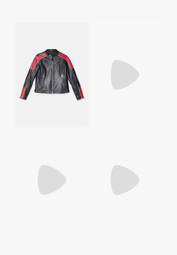 STUDIO ID MOTO JACKET - Nahkatakki - multicolor; Valkoinen puuvillapaita, jossa on pyöreä kaula-aukko ja lyhyet hihat, rento malli ja minimalinen muotoilu. Tuotetunnus näkyvissä kaulassa.; Vaaleansiniset farkut, joissa on suora lahje, viisi taskua, vetoketjuflappikiinnitys nappikiinnityksellä ja haalistunut pinta. Ei näkyvää kulumista.; Musta nahkainen ballerina, jossa on pyöristetty kärki, sileä pinta, minimaalinen ommelkoristelu ja joustava pohjamuotoilu.