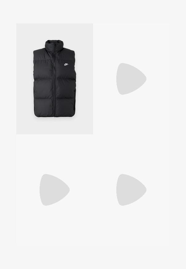 Jachetă neagră fără mâneci, umplută, cu guler înalt, fermoar pe față, buzunare laterale și logo alb Nike pe piept.; Hanorac de culoare crem, confecționat dintr-un material moale, având un buzunar tip cangur, șnururi ajustabile și manșete ribbate pentru o potrivire lejeră.; Pantaloni jogger slim-fit albi, cu talie elastică și șnur, cu detalii pe cusătura laterală și o mică etichetă neagră pe piciorul din dreapta.; Adidași din piele albă cu logo-ul Nike în negru, șireturi plate și talpă din cauciuc texturat. Vârf rotunjit și guler căptușit pentru confort.