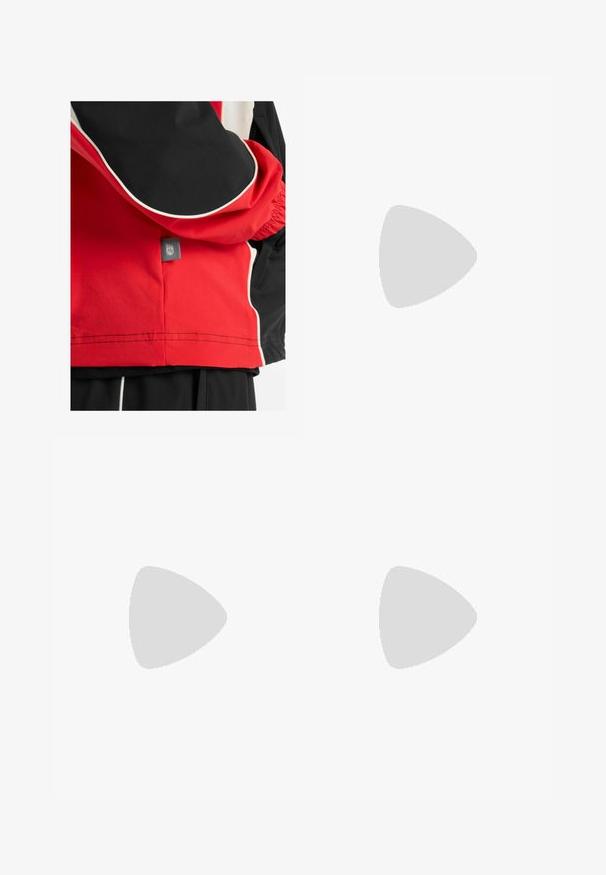 Red and black jacket with white accents, featuring a zipper, elastic cuffs, and a logo tag near the hem. Smooth texture, sporty design.; Gray short-sleeve t-shirt made of soft fabric featuring a subtle logo in light blue on the left chest. Round neckline, regular fit.; Black sweatpants made from soft fabric, featuring a ribbed waistband, tapered legs, and side accents with logo detailing.; Black running shoe with mesh upper, accented by a pink midsole stripe and grey outsole. Features textured details and a flexible sole design.