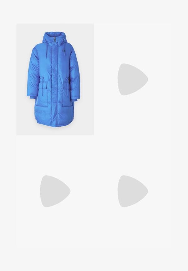 Blue puffer coat with a high collar, hood, front zip, two large front pockets, and adjustable drawstrings. Smooth, shiny material.; White athletic t-shirt with short sleeves, made from moisture-wicking fabric. Features a black logo on the left chest and a patterned interior neckline.; Black cargo pants made of sturdy fabric, featuring multiple side pockets, a button closure, and a relaxed fit with a straight leg design.; White sneaker with suede accents, rounded toe, flat laces, and a cream rubber sole. Features green branding on the heel.