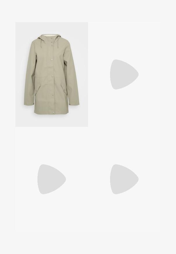 Light beige waterproof jacket with a hood, front snap closure, two side pockets, and adjustable drawstrings on the hood. Smooth texture.; Long-sleeve crop top made of white stretch fabric with a wide neckline and smooth texture. No visible patterns or hardware details.; Skinny blue denim jeans with a faded wash, featuring distressed details, a mid-rise waist, and front pockets. Classic five-pocket design.; White leather sneakers with perforated toe box, contrasting beige rubber sole, and logo accents on the side and heel. Minimalist design.