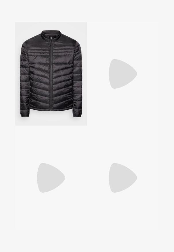 Black puffer jacket with a high neck, horizontal and vertical quilted pattern, full front zipper, and elastic cuffs. Lightweight and smooth texture.; Jack & Jones JJPANNEL - Jumper - navy; Black cargo pants featuring multiple pockets, a zippered pocket on thigh, straight fit, and sturdy cotton fabric with slight sheen.; White sneakers with smooth texture, featuring brown leather accents and black detailing, paired with black tailored pants. Wooden floor background.