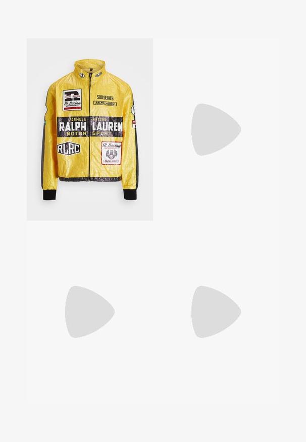 Yellow, textured racing jacket featuring multiple printed logos and patches, with black accents on sleeves and cuffs, full zip closure.; Black sweatshirt with a crew neck, long sleeves, and contrasting white stitching. Features a small graphic on the chest. Soft fabric texture.; Black cargo pants with elastic waistband and drawstring. Features side pockets and adjustable cuffs with toggles. Made of lightweight fabric.; Black leather sneakers with a perforated design, flat lace-up closure, and a white embroidered logo on the side. Thick black rubber sole.