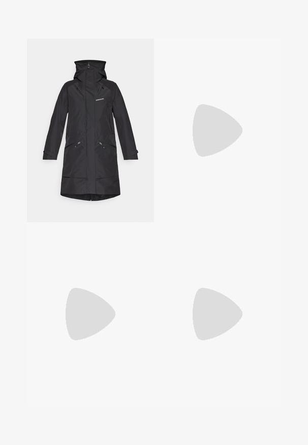 Black waterproof coat with a hood, two zippered side pockets, and elastic cuffs. Features a minimalist design and the brand logo on the chest.; White cotton t-shirt with short sleeves, round neckline, featuring a small multicolored bird embroidery on the left chest area.; Navy blue outdoor trousers with a fitted design, featuring multiple pockets, a belt, and reinforced areas for durability. Stretch fabric.; Columbia PEAKFREAK™ II OUTDRY™ - Hiking shoes - blue heron/skylight