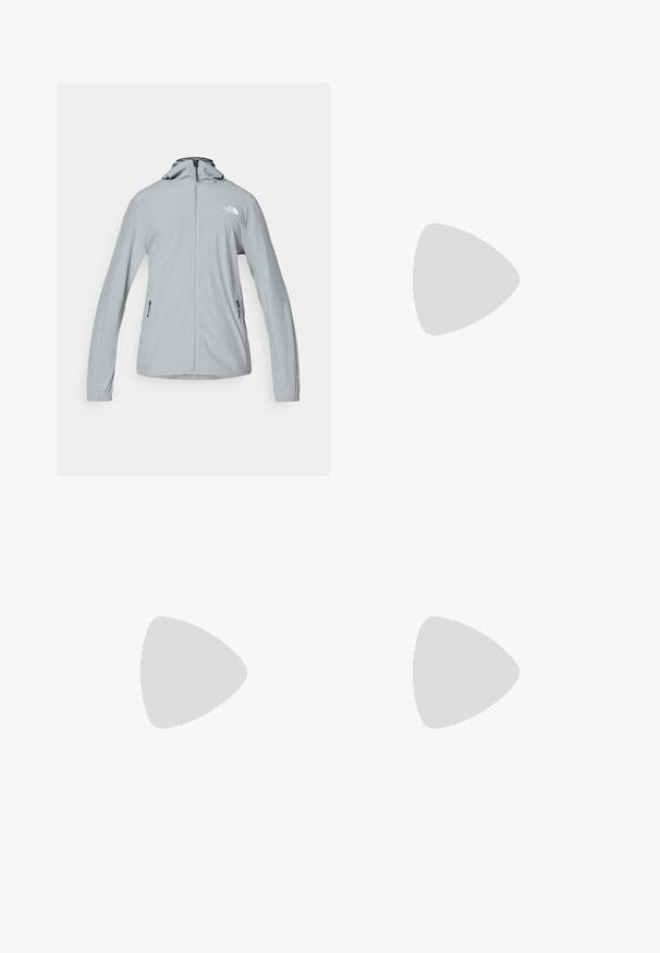 The North Face MOUNTAIN ATHLETICS HOODED JACKET - Széldzseki - monument grey; Fehér, rövid ujjú póló, puha anyagból készült. Kerek nyakkivágással és diszkrét márkajellel a középső elülső részen.; Fekete sportnadrág elasztikus derékkal, könnyű anyagból készült, kis logóval az alsó lábszáron és egyenes lábbal rendelkező dizájnnal.; Salomon GENESIS - Terepfutó cipők - white/oxford tan/green gecko