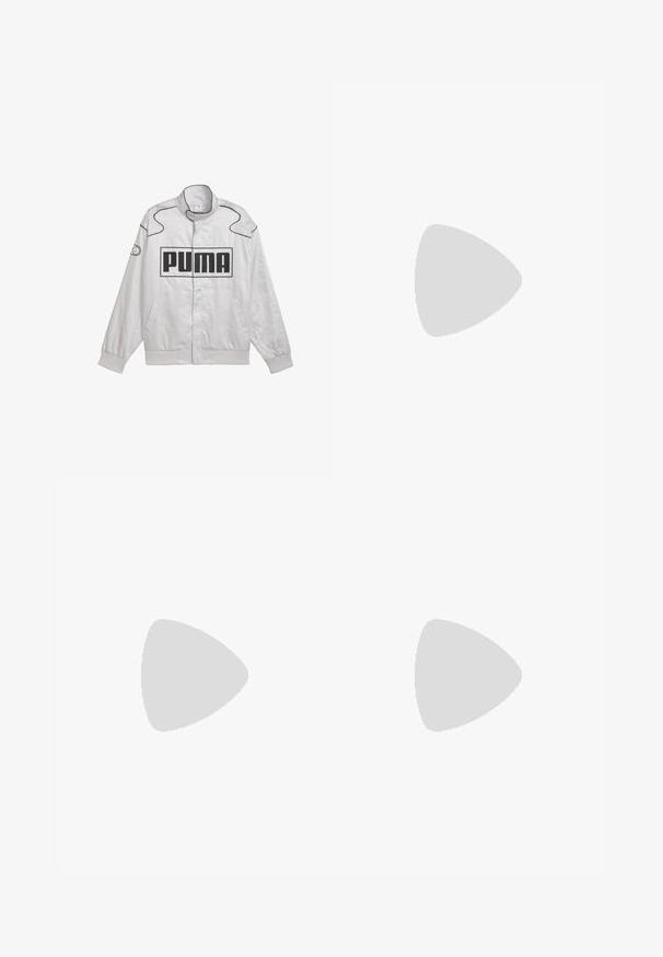 Ljusgrå vadderad bomberjacka med svarta detaljer, med en stor svart "PUMA"-logotyp på framsidan, ribbade ärmslut och sidofickor.; Ljusgrön t-shirt med kort ärm i strukturerad tyg, med en subtil logotyp i en ljusare nyans på bröstet. Rund halsringning.; Lila shorts med dragsko i midjan, med en neongrön detalj runt dragskon och en logotyp tryckt längst ner fram.; Silvrig sportskor med meshmaterial, svarta accenter, perforerad design och en vadderad vit sula. Har en framträdande 'N'-logga.