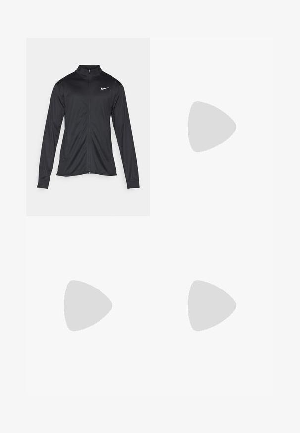 Giacca sportiva nera con maniche lunghe, colletto e zip completa. Presenta un logo Nike in bianco sulla parte superiore del lato sinistro del petto. Tessuto morbido.; Maglietta da corsa Nike nera realizzata in materiale leggero e traspirante, con maniche corte e un piccolo logo bianco sul petto.; Pantaloni sportivi neri realizzati in materiale leggero, con vita elastica e logo Nike bianco sul lato sinistro inferiore.; Scarpa atletica nera Nike con tomaia in mesh, suola in gomma, colletto imbottito e un distintivo accento trasparente sul tallone.