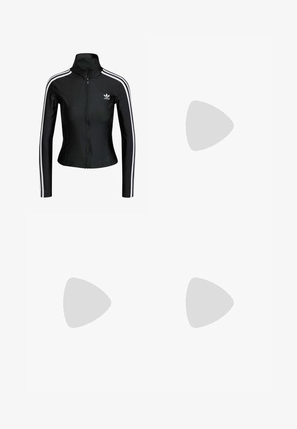 Fekete cipzáros dzseki sima anyagból, fehér háromsávos díszítéssel az ujjakon és egy kis fehér Adidas logóval a mellrészen.; Hosszú ujjú, fekete sportpóló, sima, könnyű anyagból készült, finom textúrával rendelkezik, és egy kis logó található a mellkasán.; Szürke sportnadrág puha tapintással, elasztikus derékpánttal és enyhén ívelt szegéllyel. Apró perforációkkal rendelkezik a légáteresztőség érdekében.; Beige színű sportcipő, texturált felsőrésszel, rózsaszín kiegészítőkkel és világos gumitalppal. Kiemelkedő 'N' logóval rendelkezik, és párnázott, könnyű kialakítású.