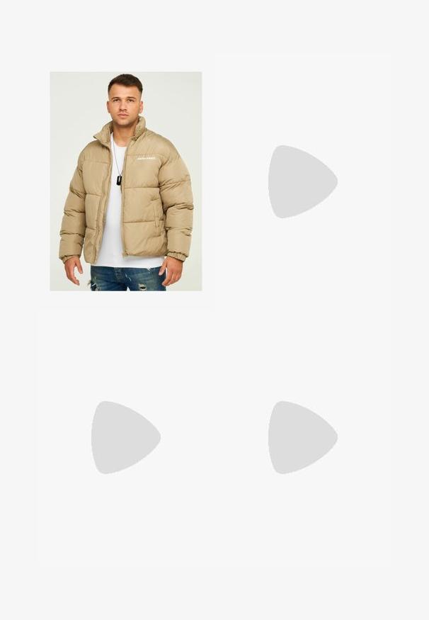 Beige puffer jacket with horizontal stitching, zip closure, and high collar. Features brand logo on the left chest and elastic cuffs.; White short-sleeve T-shirt with red text "Studio Originals Edition" on left chest, displayed on a neutral gray background.; Olive green shorts with a smooth texture, rolled hems, front waistband button, and side pockets. Simple, tailored design for casual wear.; White slip-on sneakers with a textured surface, a thick sole, and minimalistic design. Features brand logo on the side.