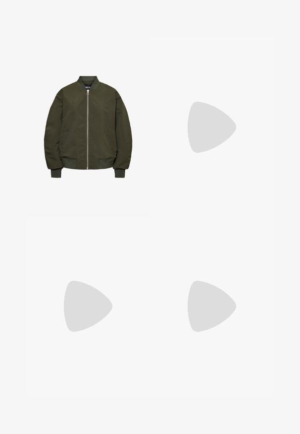 Chaqueta bomber verde oliva con cierre de cremallera, puños y dobladillo de canalé, dos bolsillos laterales y una textura suave.; Dos camisetas sin mangas en negro y blanco, hechas de algodón acanalado, con escote redondo y un diseño ajustado. Etiquetas visibles en ambas.; Vaqueros acampanados de denim azul oscuro con una cintura de altura media, diseño de cinco bolsillos y detalles de costura. Textura suave con un ligero desvanecimiento.; Bailarina de ante beige con una puntera redondeada de cuero negro, tacón bajo y textura suave, que presenta costuras mínimas y un diseño limpio.