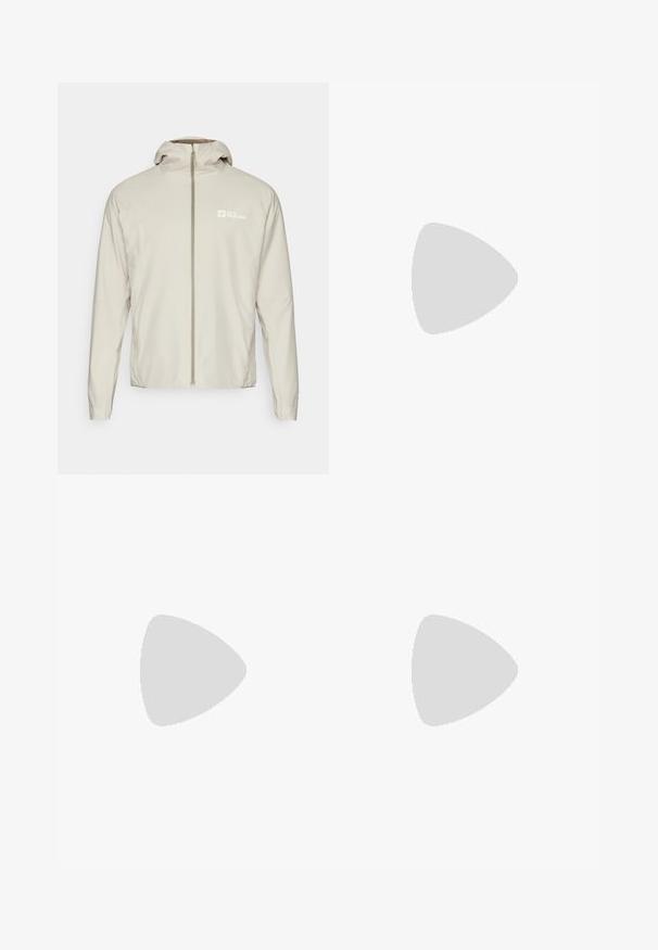 Lys beige, lett jakke med full front glidelås, avtakbar hette og logo på venstre side. Glatt tekstur og vanlig passform.; Beige bomull t-skjorte med korte ermer, rund hals og en liten svart logo på venstre brystområde. Jevn tekstur, uformell design.; Beige utendørsbukser med glidelåsavtakbar funksjon, slim fit, myk tekstur, sidelommer med glidelås og en subtil logo på venstre lår.; Brune vanntette joggesko med teksturert overdel, perforerte detaljer, svart hæl støtte og en grå gummisåle. Snøring er stilisert med metalliske ender.