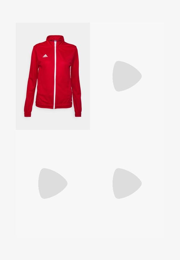 Sarkans sporta jakas no gludas, vieglas auduma. Aprīkots ar augstu apkakli, pilnu rāvējslēdzēju un baltu Adidas logo kreisajā krūtī.; Melns īsām piedurknēm T-krekls ar apaļu dekoltē, ar smalku heather tekstūru un baltu "TERREX" logo augšējā kreisajā pusē.; Melni, viegli, ūdensizturīgi bikses ar elastīgu jostu, sānu kabatām un regulējamiem aproces galiem. Iezīmē baltu logo kreisajā augšstilbā.; Melna skrienošā kurpe ar elpojošu sieta augšdaļu, noapaļotu purngalu, elegantu dizainu, teksturētām akcentiem un mīkstinošu zoli komfortam.