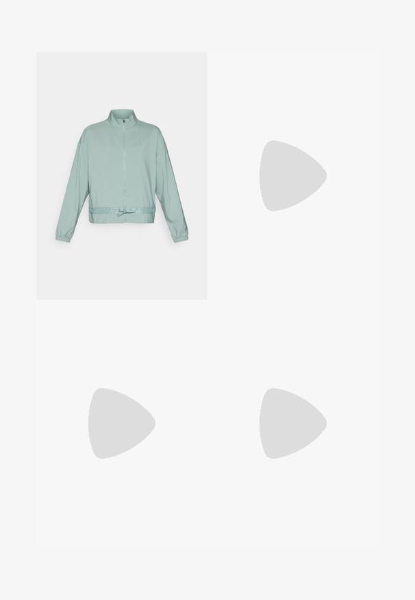 Light green zip-up jacket, featuring a high collar, elastic cuffs, and a drawstring waist, made from smooth fabric with subtle logo detailing.; Puma FIT TRAIN STRONG FITTED TANK - Top - pale plum; Black athletic leggings with a high waistband, featuring a smooth texture and a small white New Balance logo on the thigh.; Black running shoe with a textured upper, sleek design, and reflective accents. Features a soft, cushioned sole for comfort.