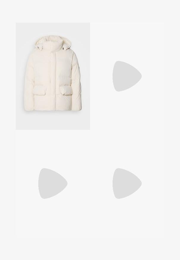 Padded white jacket featuring a high collar, two front pockets, and a smooth texture with a zip fastening. Lightweight and insulated design.; Short-sleeve shirt in white fabric with a ribbed texture, featuring a classic collar and button front closure.; Beige cotton trousers with a straight-leg cut, featuring a button closure and pleats at the front for added detail.; Black leather loafers with a glossy finish, rounded toe, and decorative hardware on the front. Low-profile rubber sole. Smooth texture.