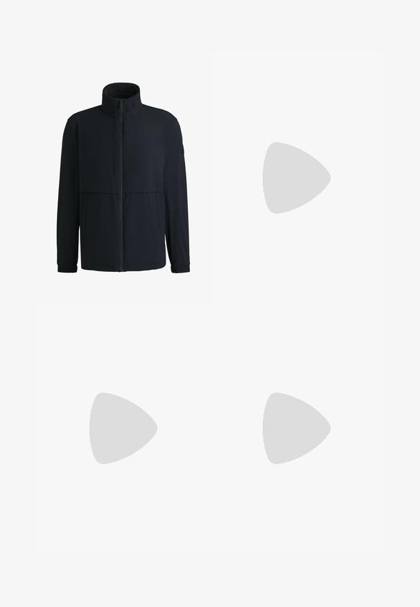 Giacca blu navy realizzata in tessuto morbido, caratterizzata da un colletto alto, chiusura con zip, due tasche laterali e polsini elastici per una vestibilità sicura.; Polo shirt rosso a maniche corte con tre bottoni e colletto, caratterizzato da un piccolo logo nero sulla manica sinistra, esposto su uno sfondo bianco.; Pantaloni bianchi a gamba dritta con design a davanti piatto, dotati di due tasche laterali e chiusura a bottone. Tessuto liscio, senza fantasie.; Scarpa da ginnastica nera con tomaia in mesh testurizzato, lacci tono su tono e suola in gomma grigia a contrasto. Presenta un marchio discreto e un design slanciato.