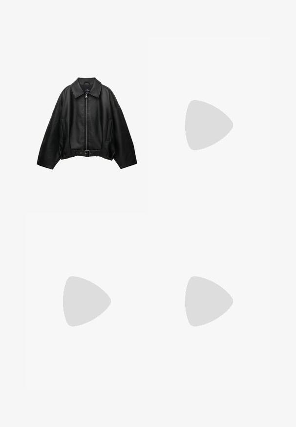 Svart läderjacka med bred krage, dragkedja, sidofickor och skärp i midjan. Har en lös passform och texturerat material.; Svart och grårandig tröja med ribbat mönster, featuring en bred halsringning och långa ärmar. Etikett: Massimo Dutti.; Grårandig kjol med asymmetrisk fåll. Tillverkad av mjukt tyg, med en åtsittande midja och flödande drapering.; Svart konstläder ankelboot med en slouchy skaft, en tjock klack och två metalliska spännen på sidan för detalj.