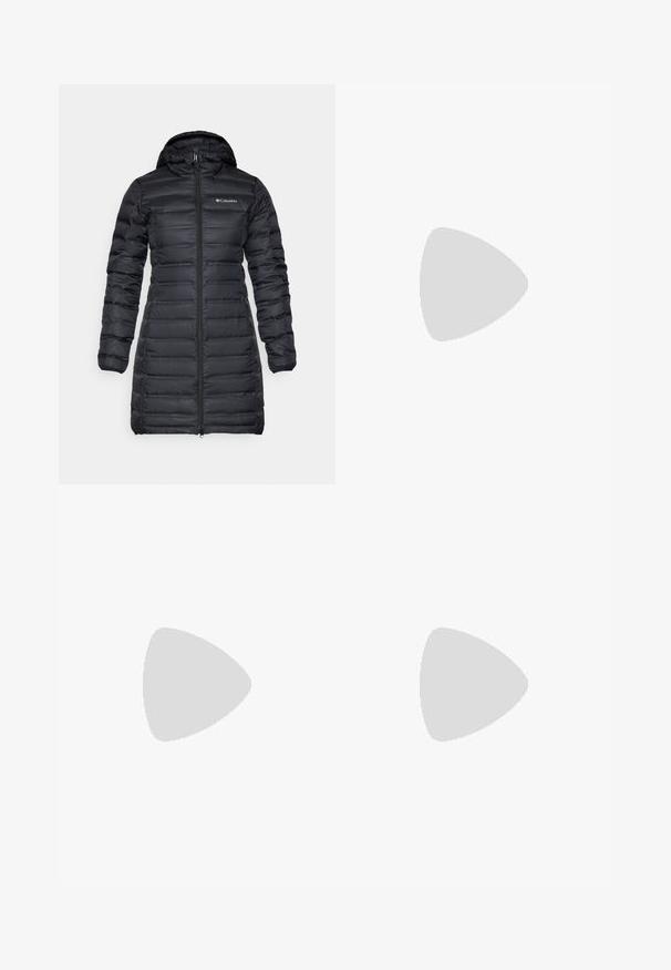 Schwarze isolierte Daunenjacke mit Kapuze, langen Ärmeln und einem Frontreißverschluss. Mit gesteppten Abschnitten und einem Logo auf der Brust.; Dunkelgraues Langarmshirt mit einem Grafikdesign von roten Bäumen und Bergen; das "COLUMBIA"-Logo in fett weißer Schrift. Weicher Stoff, klassischer Rundhalsausschnitt.; Schwarze Cargo-Hosen mit glatter Textur, mehreren Taschen, Reißverschlüssen und einem Klettverschluss an der Taille.; Schwarzer Wanderstiefel mit einem mittelhohen Design, ausgestattet mit einer strukturierten Oberfläche, grauen Akzenten und einer robusten Gummisohle mit Profilstollen.