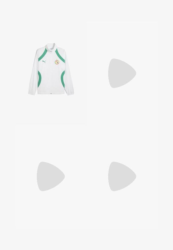 Chaqueta deportiva blanca con acentos y cordones verdes, con cremallera frontal, cuello alto y un parche de logo en el pecho.; Camiseta deportiva de color azul marino con mangas cortas. Presenta paneles laterales blancos y un logo plateado de Puma en el pecho. Está hecha de una tela suave.; Pantalones cortos deportivos azul Puma con un diseño en capas, que presentan una cintura elástica, textura suave y un logo blanco en la parte inferior de la pierna.; Zapatilla deportiva blanca con parte superior de malla transpirable, detalles en negro y una suela multicolor con detalles en morado y verde.