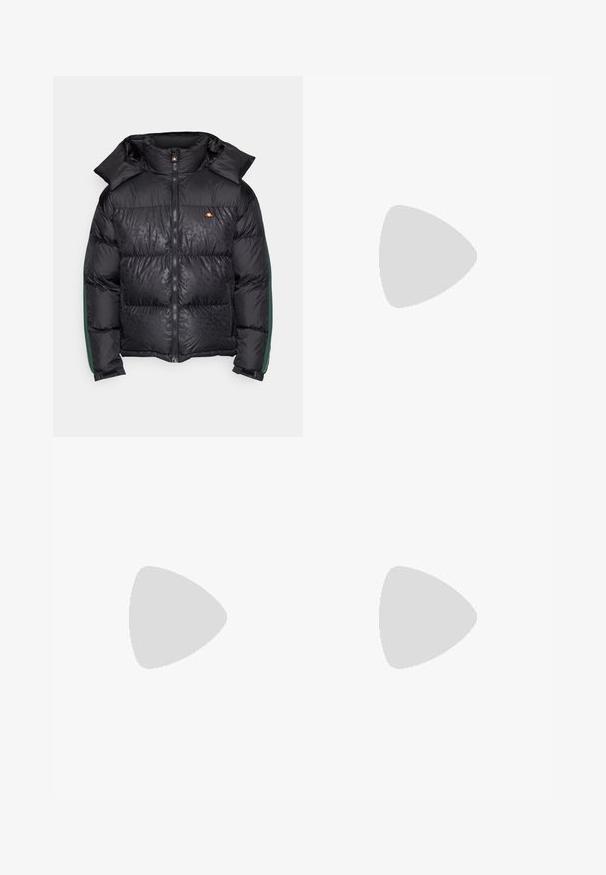 Black puffer jacket featuring a zip closure, high collar, and green side accents. Textured fabric with a subtle pattern throughout.; White cotton t-shirt with short sleeves, featuring a navy blue embroidered logo on the left chest and a vibrant color accent above the logo.; Black athletic pants made from soft fabric, featuring an elastic waistband, side pockets, and tapered legs with ribbed cuffs.; Black and green sneaker with a patterned mesh upper, white swoosh logo, padded collar, and a visible air cushioning unit in the sole.