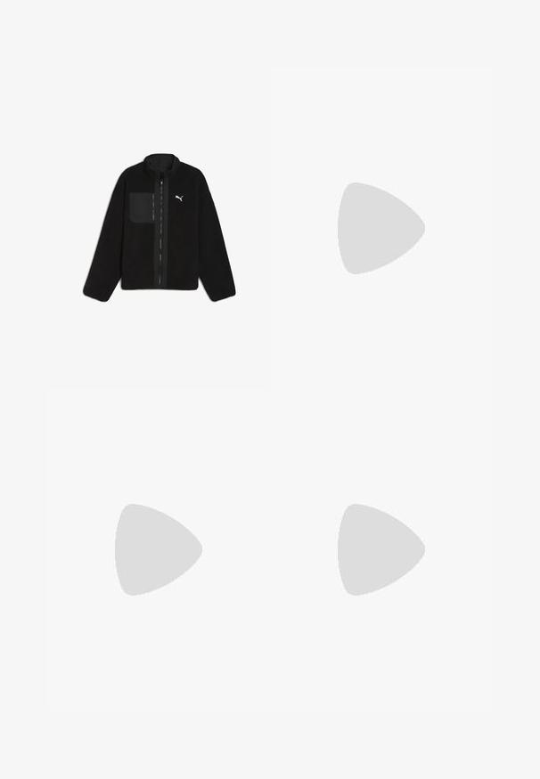 Fekete bolyhos dzseki magas nyakkal, elülső cipzárral és bal oldali mellzsebbe. A bal felső részen logóval ellátva. Puha tapintású.; Fehér pamut póló kerek nyakkivágással és rövid ujjakkal. Bal mellrészen egy kis fekete Puma logóval. Sima textúra, laza fazon.; Fekete cargo nadrág rugalmas derékkal, oldalsó zsebekkel és karcsú, könnyű anyagból készült. Kényelmes mindennapi viseletre vagy aktív tevékenységekre.; Fekete futócipő, mely háló és szintetikus anyagok keverékéből készült, vastag talppal, ívelt kialakítással és hangsúlyos logóval az oldalon.