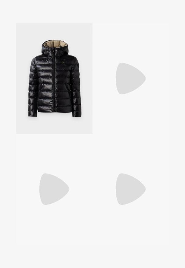 Black puffer jacket with a shiny finish, quilted design, hood, zip closure, and two side pockets. Interior is beige.; Long-sleeve shirt in light green fabric. Round neck, simple design with no patterns. Small logo on the chest. Soft, smooth texture.; Light blue denim jeans with a straight-leg design, five pockets, button closure, minimal fading, and contrasting stitching details.; White sneaker with a smooth leather upper and a low profile. Features a rounded toe, six eyelets, and a textured rubber sole.