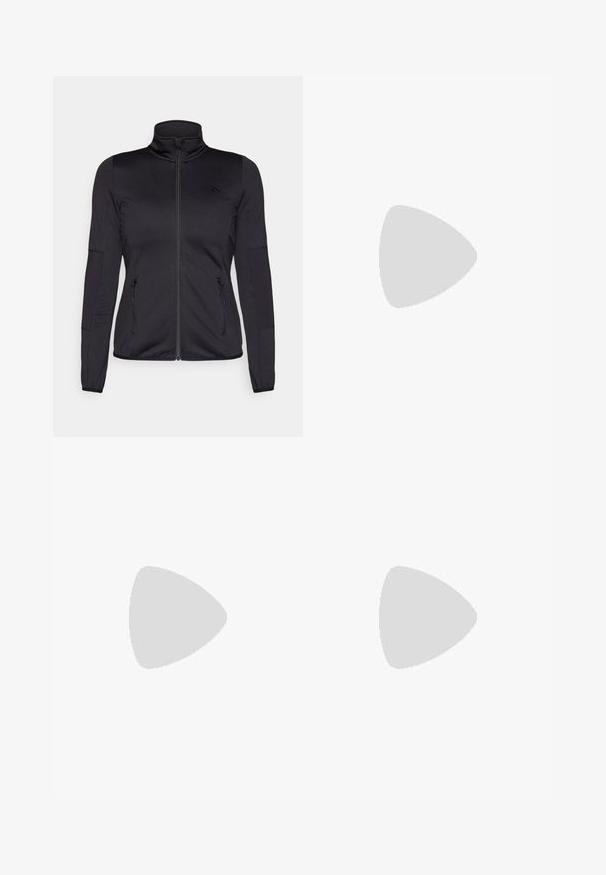 Black zip-up jacket with a high collar, constructed from smooth, stretchy fabric, featuring two zippered front pockets and textured sleeves.; Black long-sleeve athletic shirt made of smooth fabric, featuring a round neckline and a small white logo on the left chest.; Navy blue workout leggings with a high waistband and a smooth texture, featuring the text "ONLY PLAY ATHLEISURE" in white on the lower leg.; Black athletic shoes with textured fabric, white sole, and black laces. Worn with white ribbed socks, standing on a light surface.
