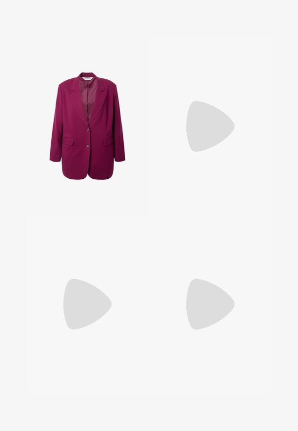 Blazer magenta con rever a punta, due tasche frontali e chiusura con un solo bottone. Tessuto liscio con una silhouette strutturata.; Maglietta a maniche lunghe a strisce bordeaux e rosa chiaro, texture a coste, scollatura rotonda, design aderente e tessuto morbido.; Gonna di raso bordeaux con una texture liscia, taglio dritto, lunghezza media e un leggero brillante. Nessun motivo visibile o dettagli metallici.; Scarpe sportive bordeaux e crema con un mix di suede e materiale liscio, caratterizzate da un accento rosso a contrasto, lacci bianchi e una suola testurizzata.