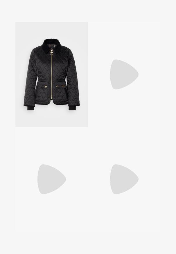 Black quilted jacket featuring a zip front, corduroy collar, and gold-tone hardware. Includes two front pockets with snap closures.; Light pink button-up shirt with a pointed collar, long sleeves, and a curved hem. Features subtle texture and a small embroidered detail.; Black short-sleeve top featuring a relaxed fit, round neckline, and gathered detail on one shoulder. Made of soft, stretchy fabric.; Wide-leg trousers in light beige cotton. Features a high waist, front pockets, and a straight cut. Clean hem finishing without patterns.; Black leather slingback pump with a pointed toe, low heel, and a smooth texture. Features a thin adjustable strap for a secure fit.; Silver metal earrings featuring rounded shapes, with a polished finish and subtle engravings of the brand "BOSS" on the lower sections.