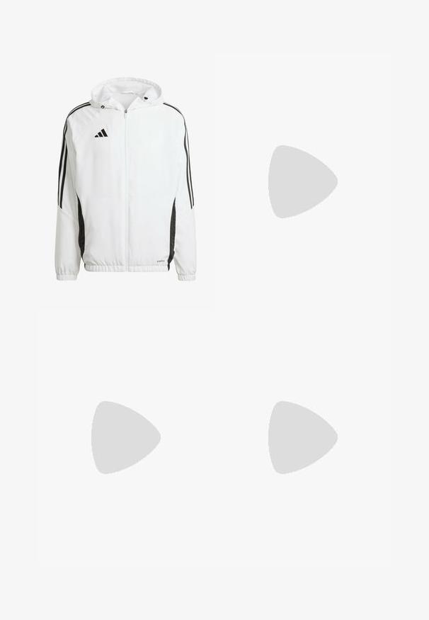 White athletic jacket with a hood, featuring black stripes along the sleeves, and an Adidas logo on the upper left chest. Elastic cuffs.; White lightweight athletic shirt with black stripes on the left shoulder and black logo on the chest. Short sleeves, crew neck design.; Black athletic pants with a tapered fit. Features white and red side stripes, an elastic waistband, and an embroidered logo on the upper thigh.; White running shoe with black stripes, neon green accents, and a red heel. Features a lightweight design and textured sole for grip.