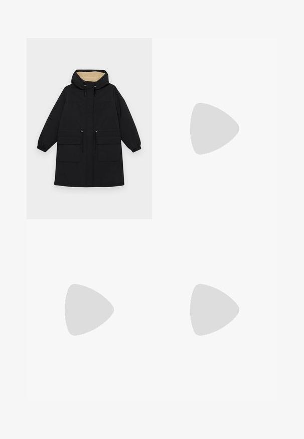Black hooded coat with a warm beige lining, features two large front pockets, drawstring waist, and elasticized cuffs.; White short-sleeve t-shirt made of cotton. Features a crew neckline and a relaxed fit. Smooth texture with no visible patterns or accents.; Black, lightweight, elastic-waist pants with a straight-leg design. Smooth texture, no visible patterns or hardware details.; White high-heeled sandal with a chunky heel, featuring a strappy design and ankle tie. Smooth texture with a platform front for added height.