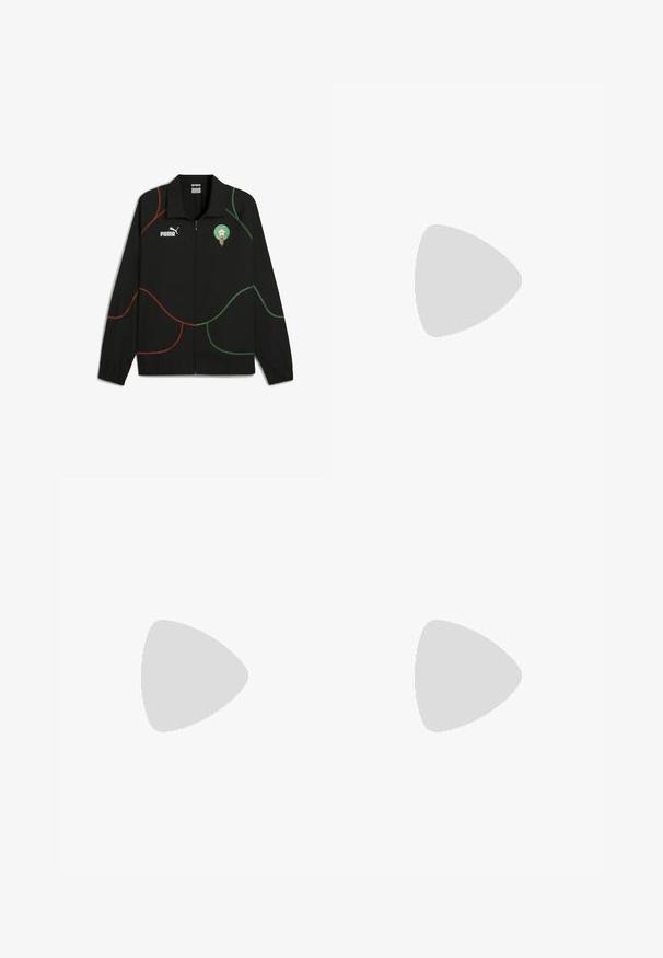 Mustmust mustraga, millel episoodiga, millel on rohelised ja punased kõverjooned, Puma logo vasakul rinnal ja Maroko vapp paremal.; Hallitus halli lühikeste varrukatega T-särk musta paneeli ja punase tõmblukuga taskuga. Omab punaseid logo aktsente, ümarat kaelust ja sileda tekstuuri.; Mustad mustikumisharjad kerge kangaga. Omavad elastset vööd, küljetaskuid ja hallide logode printimist mõlemal poolel.; Mustad mustreejal, millel on sile sünteetiline pealis, tekstuuriga aktsendid ja kummist tallad, loodud soorituse ja mugavuse tagamiseks.
