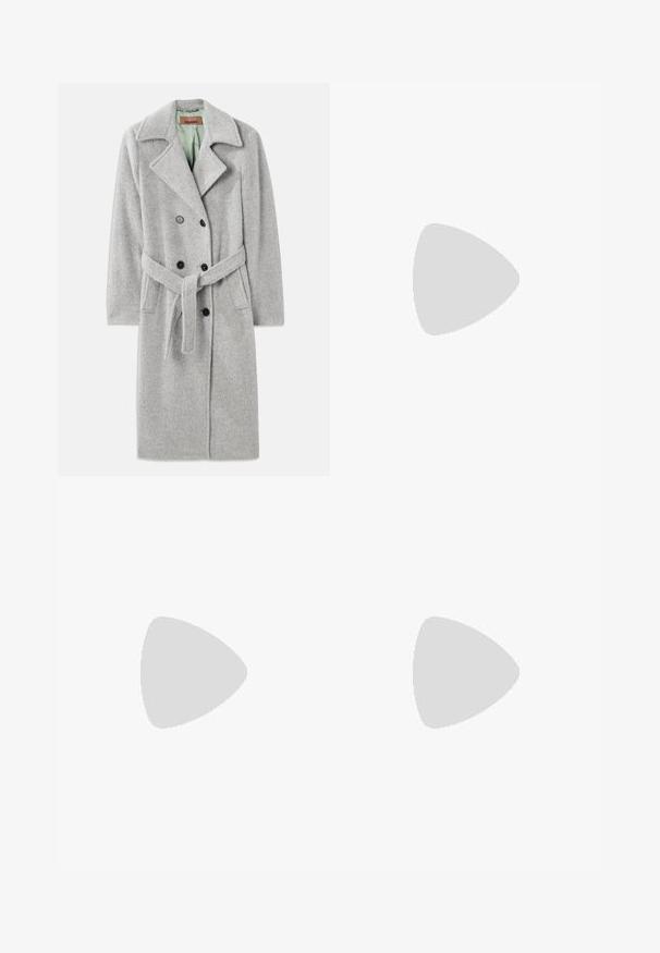 Szary płaszcz z wełny z podwójnym zapięciem, wysmukloną klapą, czarnymi guzikami i materiałowym paskiem. Wnętrze w jasnym zielonym kolorze.; Sweter polo z dzianiny w wielokolorowy wzór zygzaków, z czarnym kołnierzykiem i listwą na guziki. Miękka faktura, długie rękawy i ściągacze przy mankietach.; Brązowa koszulka polo z wielokolorowym falistym wzorem w odcieniach brązu, kremu i terakoty; pięcioprzyciskowa listwa; krótkie rękawy.; Ciemnoniebieskie spodnie w paski z wysokim stanem, szerokimi nogawkami i bez widocznych elementów metalowych lub ozdób. Gładka tekstura i dopasowany krój.; Sneakers z kremową cholewką z akcentami z zamszu, w wielokolorowe, zygzakowate paski w kolorze pomarańczowym, bordowym i żółtym oraz grubą białą podeszwą.