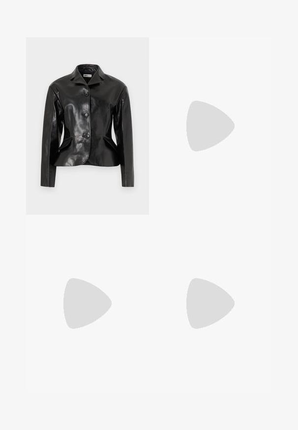 Bally Leather jacket - black; White long-sleeve button-up shirt with pointed collar, tailored fit, and cuffs, displayed against a plain white background.; Light blue wide-leg trousers with vertical white stripes. Made of smooth material, featuring a front pleat and a clean waistband design.; Black leather Mary Jane flat shoe with a rounded toe, featuring silver circular studs and an adjustable strap with a buckle.