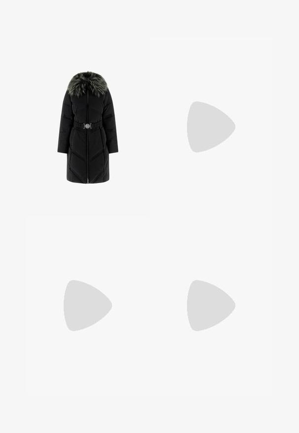 Black puffer coat with a chevron pattern, featuring a faux fur collar, long sleeves, and a cinched waist with a decorative belt buckle.; White long-sleeve shirt made of smooth cotton. Features a pointed collar, button closure, and rounded hem with button cuffs.; Black flared pants made of a stretchy material with a smooth texture, featuring seam details along the front for added design.; Black leather ankle boot with a pointed toe, high stiletto heel, fold-over cuff, and a gold decorative buckle detail on the ankle.