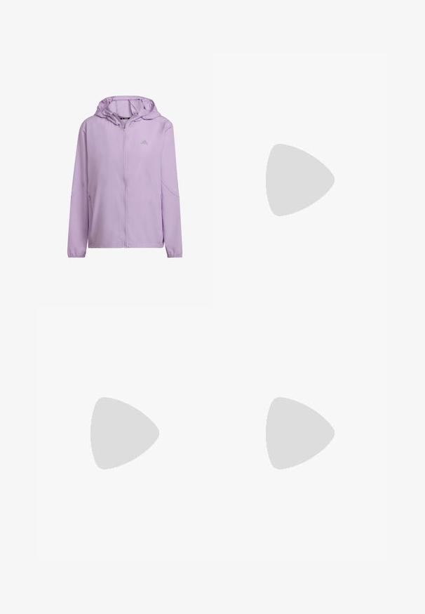 Giacca sportiva di un leggero colore viola con zip frontale, cappuccio e tasche laterali. Presenta dettagli riflettenti sulle maniche e il logo del marchio sul petto.; adidas Performance Maglietta a manica lunga - preloved purple; Leggings di un leggero viola realizzati in tessuto elasticizzato. Design a vita alta con una superficie liscia e senza cuciture o motivi visibili.; Scarpa sportiva viola con parte superiore in rete, design a tre strisce bianche, tallone grigio, accenti verde chiaro e suola testurizzata per una maggiore aderenza.