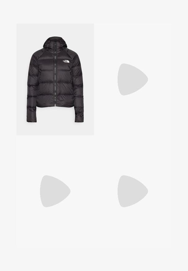 Black puffer jacket with a hood, featuring a zip front, quilted design, and a logo on the left chest. Smooth, lightweight material.; The North Face SIMPLE DOME SLIM TEE - Basic T-shirt - black; Black outdoor pants made from lightweight material, featuring a slim fit, orange zipper accents on pockets, and a logo at the knee.; Black hiking shoes with a textured fabric upper, lacing system, and rugged rubber sole. Accented with reflective details and logos.