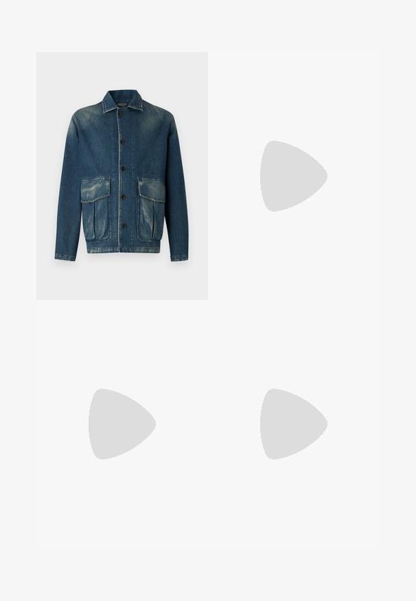 Denim jacket in dark blue with a faded finish. Features a collared neck, button front, and two front patch pockets.; White button-up shirt with a collar, featuring subtle vertical stripes, long sleeves, a chest pocket, and classic rounded hem.; Blue denim jeans with a straight-leg cut, featuring a button closure, belt loops, and subtle fading on the thighs.; Stuart Weitzman HAMPTONS - Trainers - navy