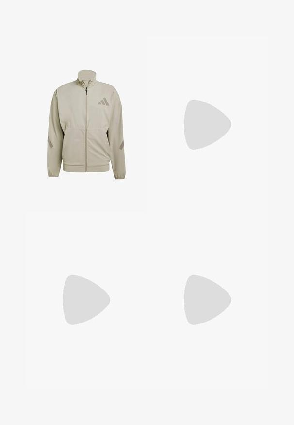 Lichtbeige jas van lichtgewicht stof, met een hoge kraag, volledige rits, voorkantzakken en een subtiele detail met drie strepen logo.; Witte t-shirt met korte mouwen, gemaakt van lichtgewicht stof, met een ronde hals en een donkergrijs logo op de borst. Glad textuur, casual pasvorm.; Bordeaux sportshorts met lichtblauwe zijkanten, elastische tailleband en een zachte textuur, ontworpen voor comfort en flexibiliteit in beweging.; Witte hardloopschoen met zwarte strepen, neon groene accenten en een rode hak. Beschikt over een lichtgewicht ontwerp en een gestructureerde zool voor grip.