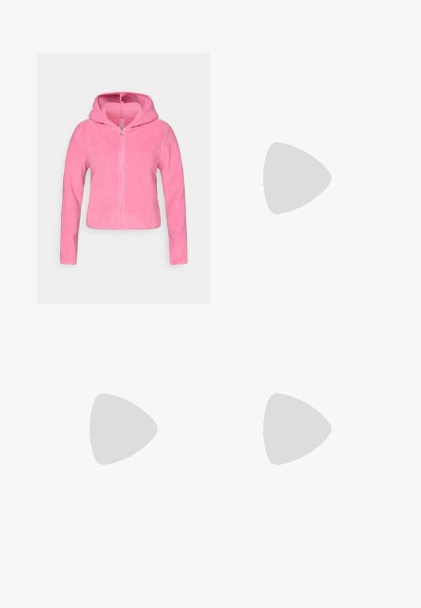 Pink, zip-up fleece jacket with a hood. Soft, textured fabric; features long sleeves and a front zipper. Mid-length design.; Light green athletic tank top with a round neckline and racerback design. Made from smooth stretch fabric. No visible patterns or accents.; Black high-waist full-length leggings with smooth fabric and visible seam details on the front and waistband.; Black athletic shoes with a textured upper, white sole, and gray accents, positioned on a black kettlebell with a blue stripe, against a neutral background.