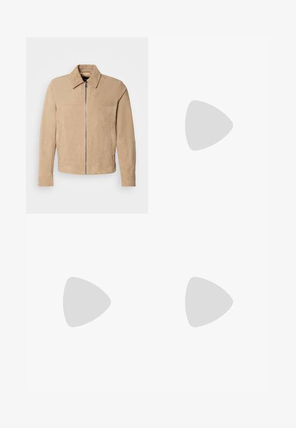 BOSS MALBANO - Leather jacket - light beige; Light pink polo shirt made of cotton, featuring a two-button placket, short sleeves, and a small blue embroidered logo on the chest.; Calvin Klein Jeans 90'S LOOSE - Loose Jeans - denim light; adidas Originals GAZELLE INDOOR - Trainers - olive green/white