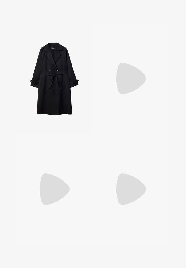 Črn plašč iz gladkega blaga, z dvorednim zapiranjem, pasom s pasom in gumbi na manšetah ter dvema sprednjima žepoma.; Tri bele bombažne majice s kratkimi rokavi in okroglih izrezi, ki imajo gladko teksturo in dosleden dizajn.; Črne široke hlače iz tkanine, ki imajo visok pas in dve sprednji žepki. Gladka tekstura s čistimi linijami.; Rjavi semiš športni čevlji z belimi detajli in vezalkami. Gumijast podplat. Nošeni z belimi nogavicami z črnimi črtami. Zelena teksturirana talna obloga.; Črna najlonska torba z dvema trdnima ročajema, ki se ponaša z teksturirano površino in embosiranim logotipom. Preprost dizajn brez dodatnih okraskov.