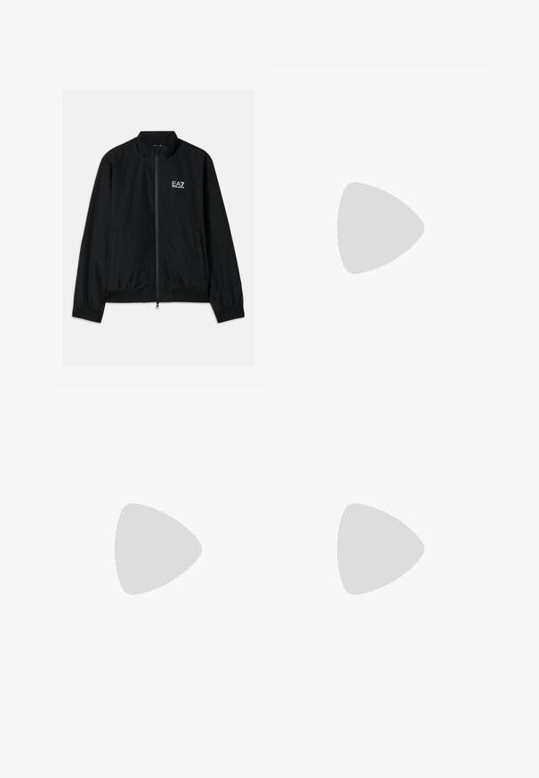 Black bomber jacket with a high collar, zipper front, elastic cuffs, and hem. Features white EA7 logo on the left chest and two side pockets.; Gray short-sleeve T-shirt made of cotton. Features a crew neckline and a small white EA7 logo on the chest. Flat hem finish.; White athletic shorts with black elastic waistband, side slits, and black "EA7 Emporio Armani" logo on the left leg.; White sneaker with a smooth leather upper and a low profile. Features a rounded toe, six eyelets, and a textured rubber sole.