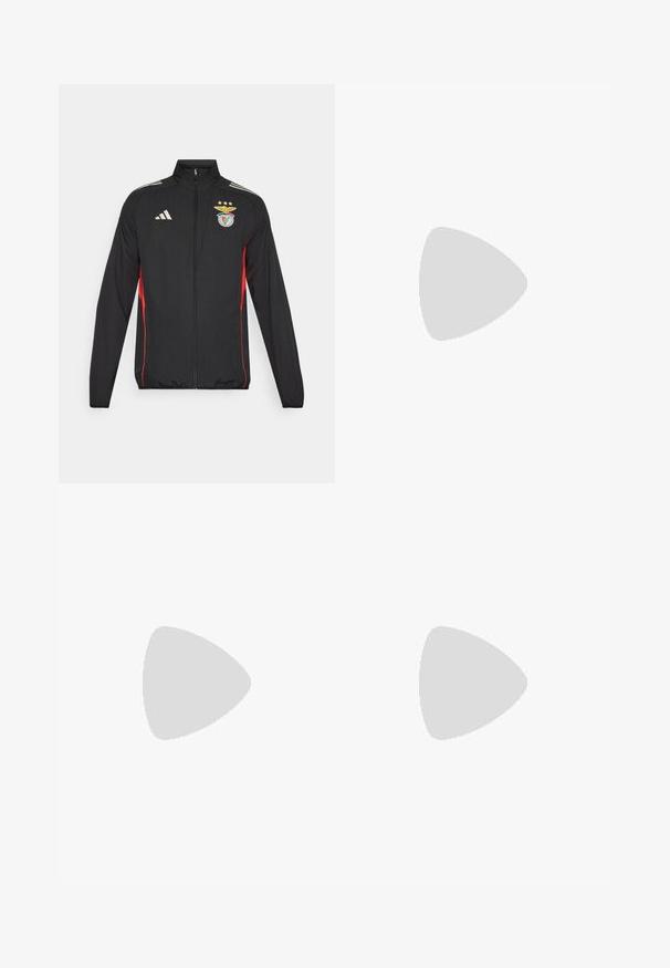 Sort atletisk jakke med røde accenter, fuld lynlås, høj krave, tre hvide striber på skuldrene og Benfica-crest med stjerner.; Sort langærmet atletisk top med en kvart lynlås, orange detaljer på skuldrene og teal sidepaneler med et geometrisk mønster.; Sorte træningsbukser med røde sidelommer, der har et logo og tre stjerner foran. Lavet af et blødt, strækbart materiale.; Sort atletik sko med åndbart mesh-overdel, hvide accenter og en polstret sål. Har tre-stripes logo på siden.