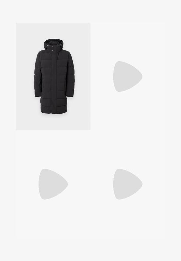 Black padded coat with a hood, featuring a zip and snap button closure, wide quilted panels, and a mid-length design.; Black knit sweater with a crew neckline and long sleeves. Smooth texture and solid color, featuring no visible patterns or accents.; Blue denim jeans, straight leg design, with visible fading, button and zipper closure, five pockets, and orange stitching accents.; Lacoste sneakers in dark gray with mesh and synthetic material, featuring a textured sole and brown accents on the collar and branding.